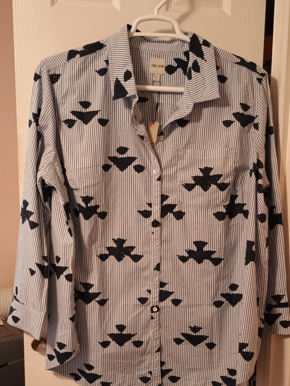 NIC+ZOE Stamped Stripe Woven Shirt Blue Multi Tunic Top Plus 1X NWT